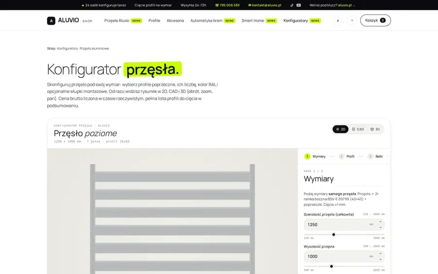 Konfigurator przęseł ALUVIO — podgląd 2D, CAD i 3D, wymiary przęsła i profile poprzeczne