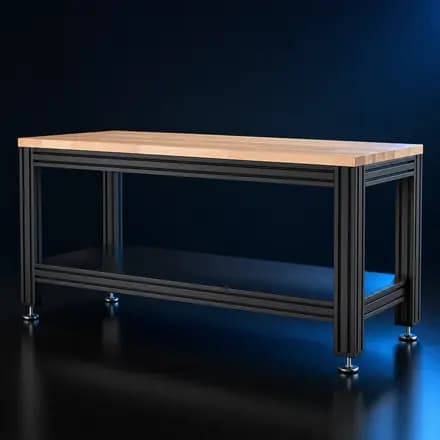 Stół warsztatowy z czarnych profili aluminiowych z blatem bukowym i półką dolną